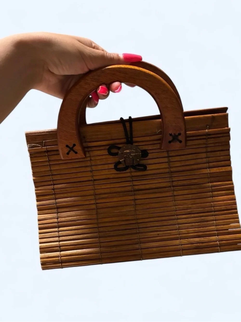 Wooden Bamboo Top-Handle Bag in Brown